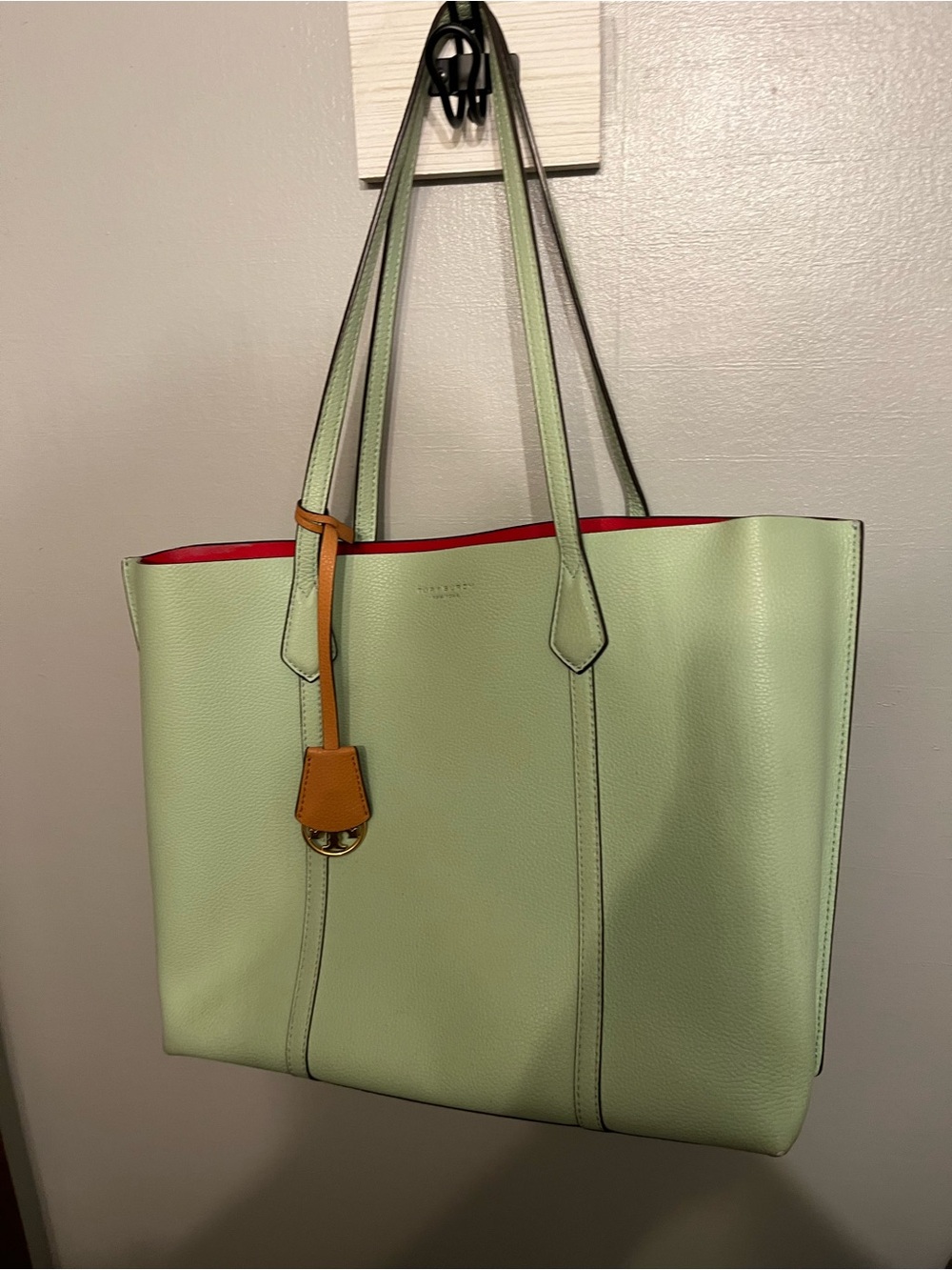 Tory Burch Mint Green Tote with Red Interior and Tan Tag
